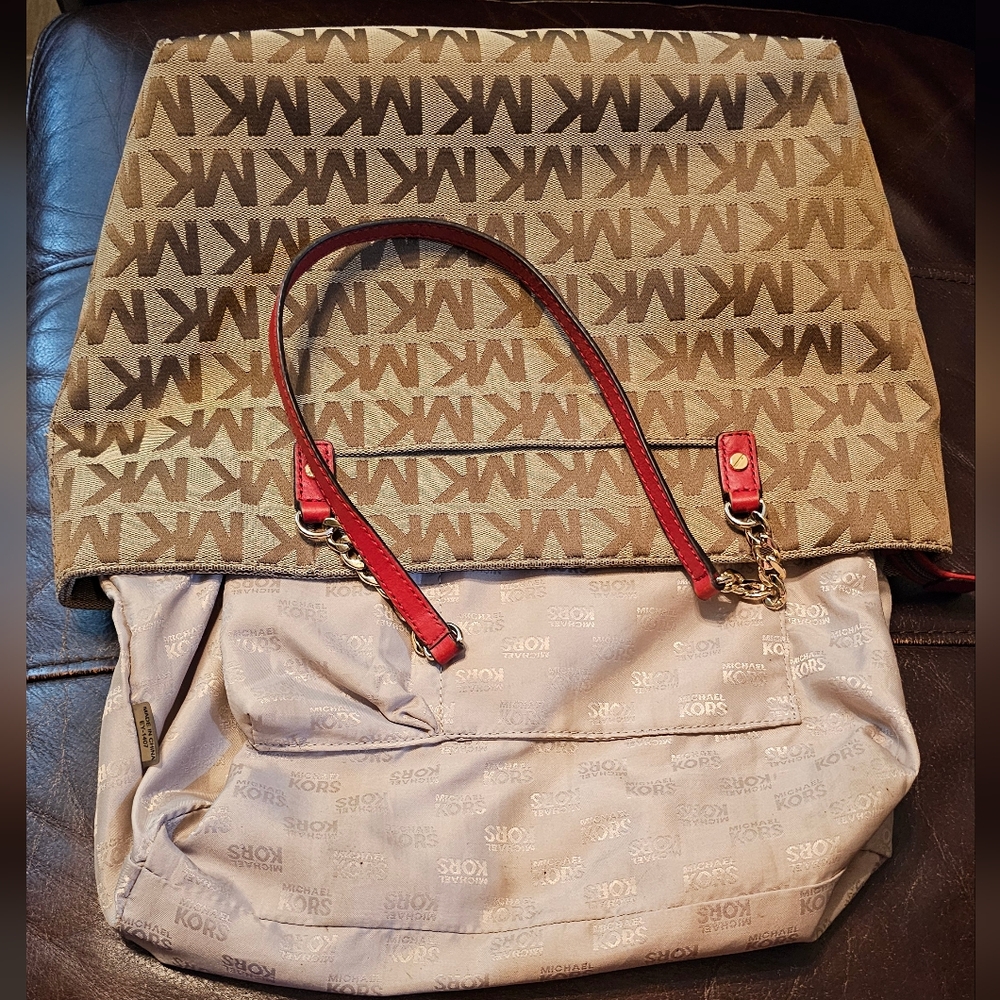 Michael Kors Monogrammed Shoulder Handbag with Red Leather accents EUC - Picture 8 of 16